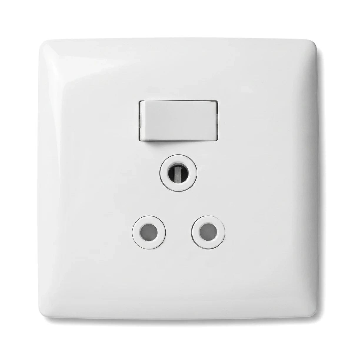 White 100x100mm single switch socket with a horizontal toggle and three circular outlets for electrical wall mounting.