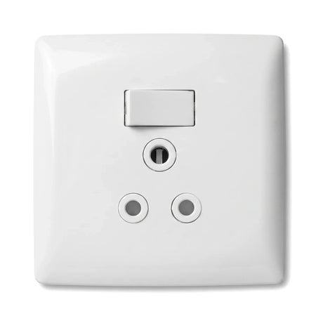 White 100x100mm single switch socket with a horizontal toggle and three circular outlets for electrical wall mounting.
