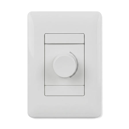 White 100x501mm decor lever dimmer switch with a central rotary knob, mounted on a rectangular wall plate, shown straight on.