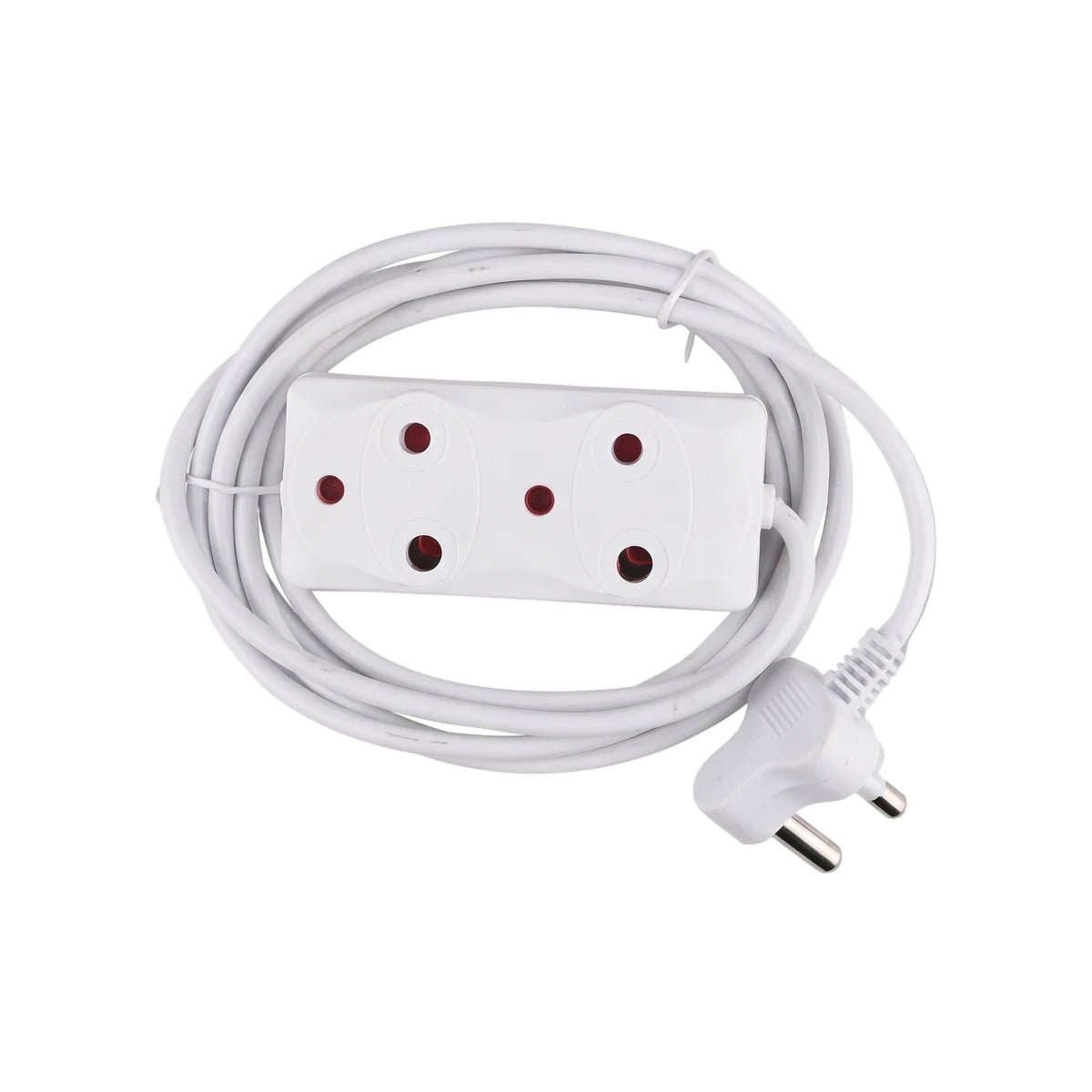 White 10m extension cord with a DBL 4-outlet power strip and two-prong plug, coiled on a white background, viewed from above.