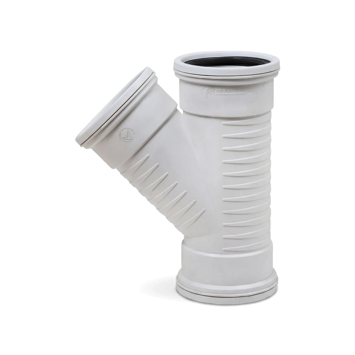 White 110mm x 45-degree PVC soil and vent plain Y-junction pipe fitting, shown angled.