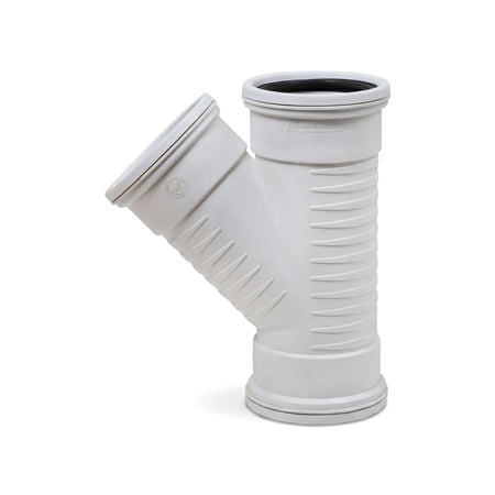 White 110mm x 45-degree PVC soil and vent plain Y-junction pipe fitting, shown angled.