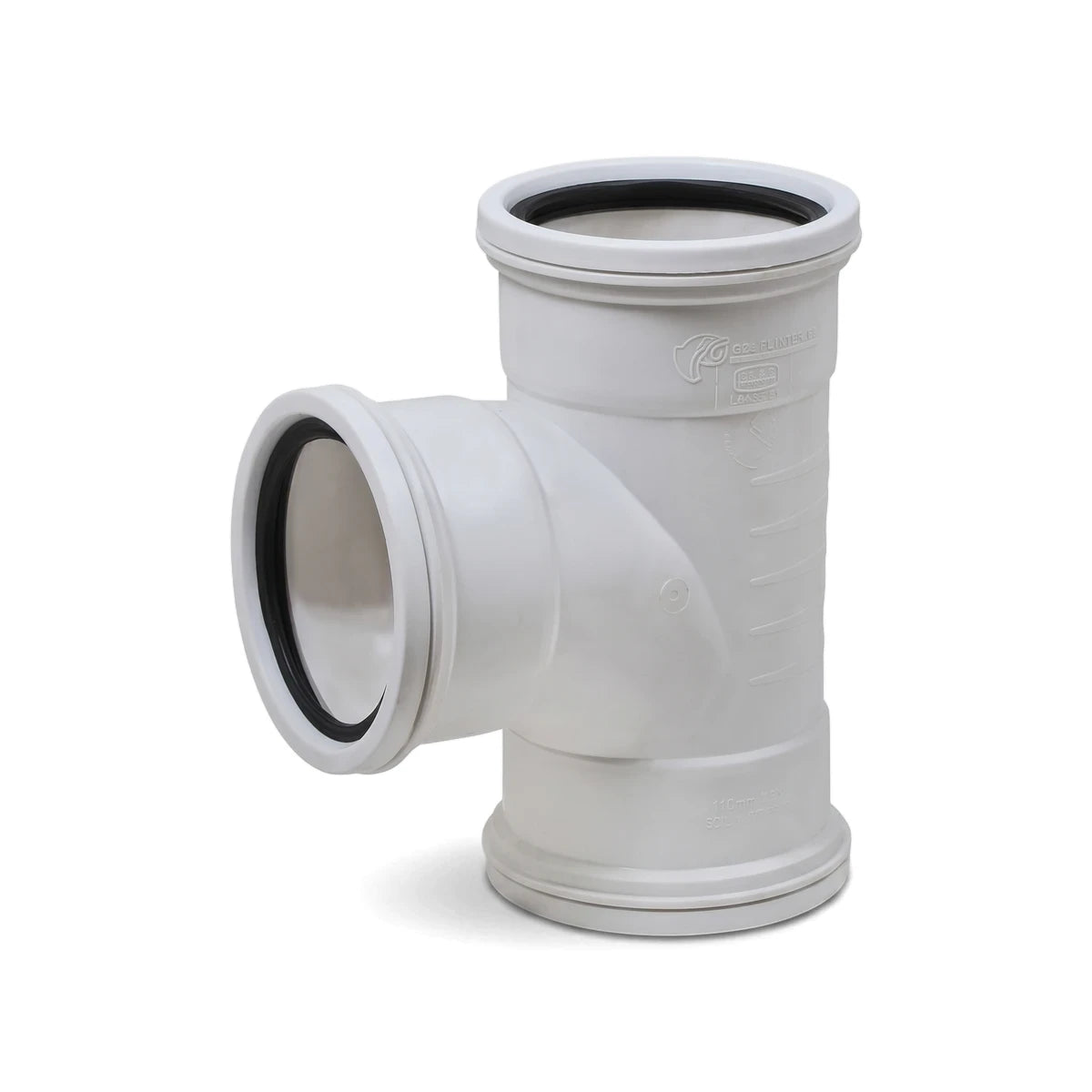 White 110mm by 90-degree soil and vent plain tee junction with black rubber seals for plumbing.