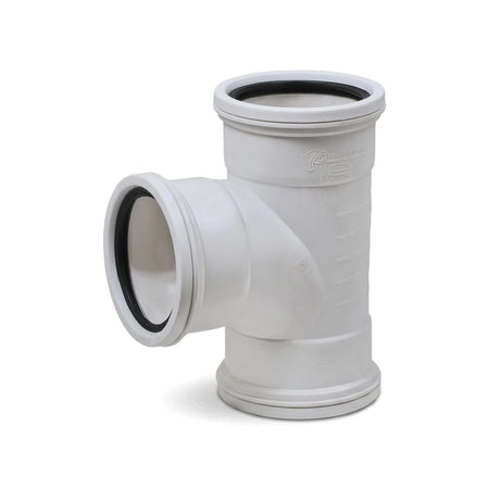 White 110mm by 90-degree soil and vent plain tee junction with black rubber seals for plumbing.