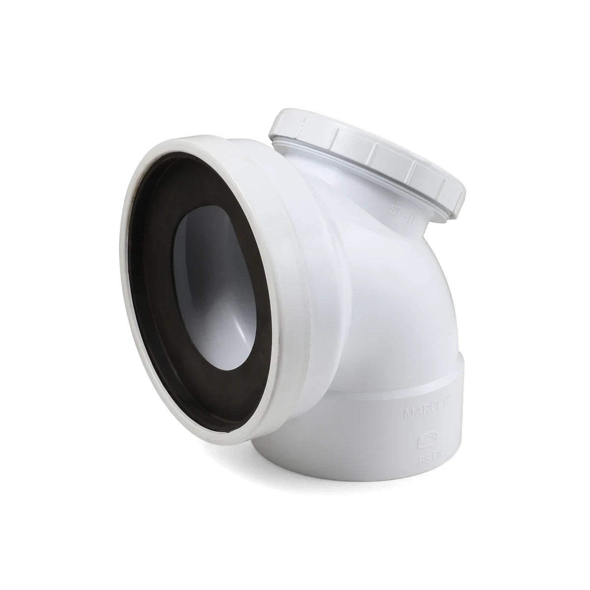 White 110mm soil and vent plain bend toilet pan connector with inspection eye, made of durable plastic and a black rubber