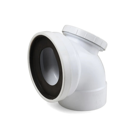 White 110mm soil and vent plain bend toilet pan connector with inspection eye, made of durable plastic and a black rubber