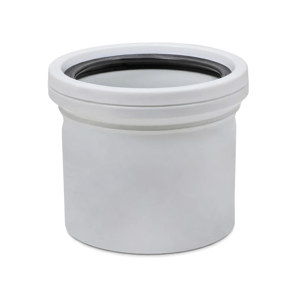 White 110mm soil/vent single socket pipe fitting made of plastic, shown from a slightly elevated front angle.