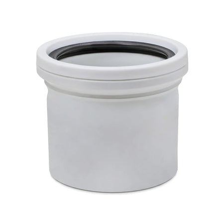 White 110mm soil/vent single socket pipe fitting made of plastic, shown from a slightly elevated front angle.