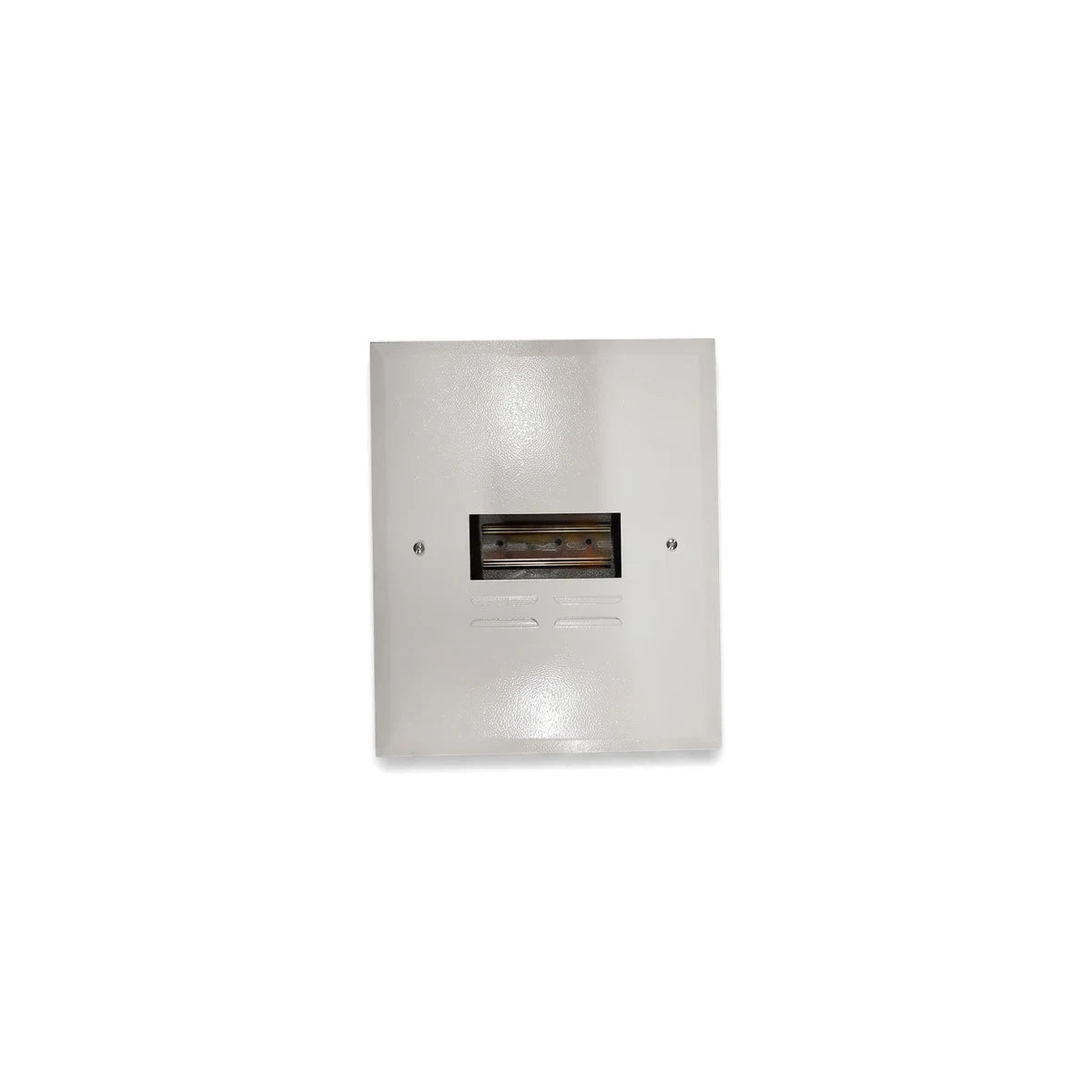 White rectangular 12 Way Db Flush Steel Cover Distribution Board for electrical installations, featuring a central opening