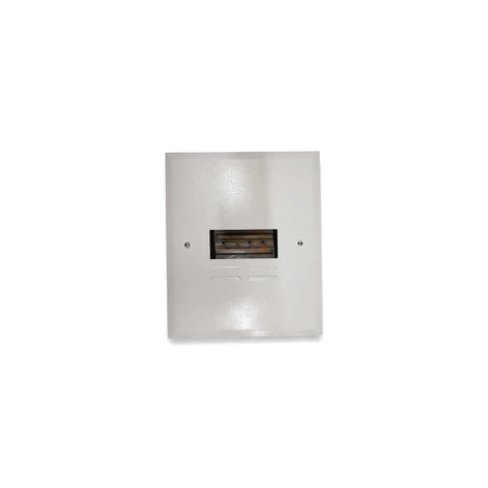 White rectangular 12 Way Db Flush Steel Cover Distribution Board for electrical installations, featuring a central opening