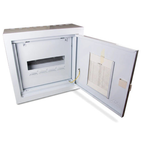 White 12 Way Db Surface Steel Distribution Board with the door open, showcasing internal components and a wiring diagram.