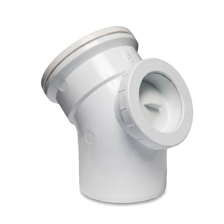 White 135-degree PVC soil and vent bend with access heel, used in plumbing and drainage systems for directional changes.