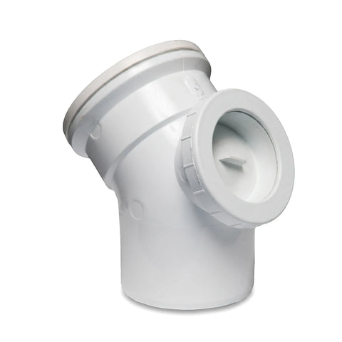 White 135-degree PVC soil and vent bend with access heel, used in plumbing and drainage systems for directional changes.