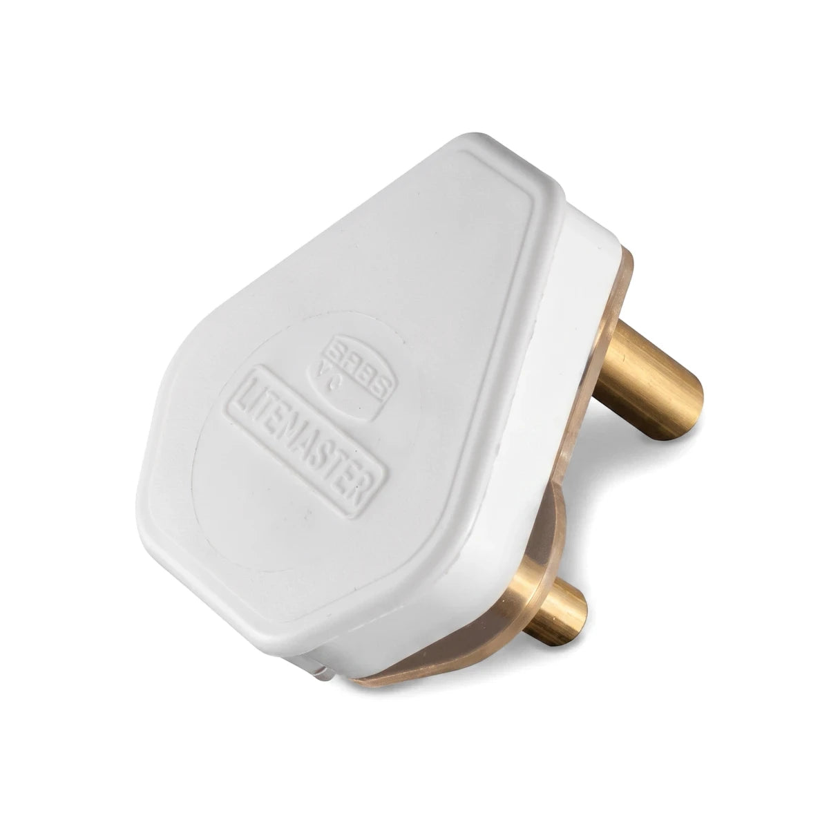 White 16A 3-pin electric plugtop from Litemaster, shown angled on a white background, highlighting its brass pins.