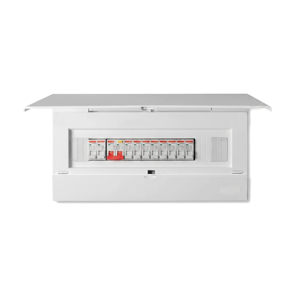 White 18-way flush prepopulated electrical distribution board with transparent panel and circuit breakers, front view.
