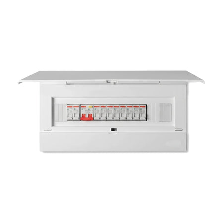 White 18-way flush prepopulated electrical distribution board with transparent panel and circuit breakers, front view.
