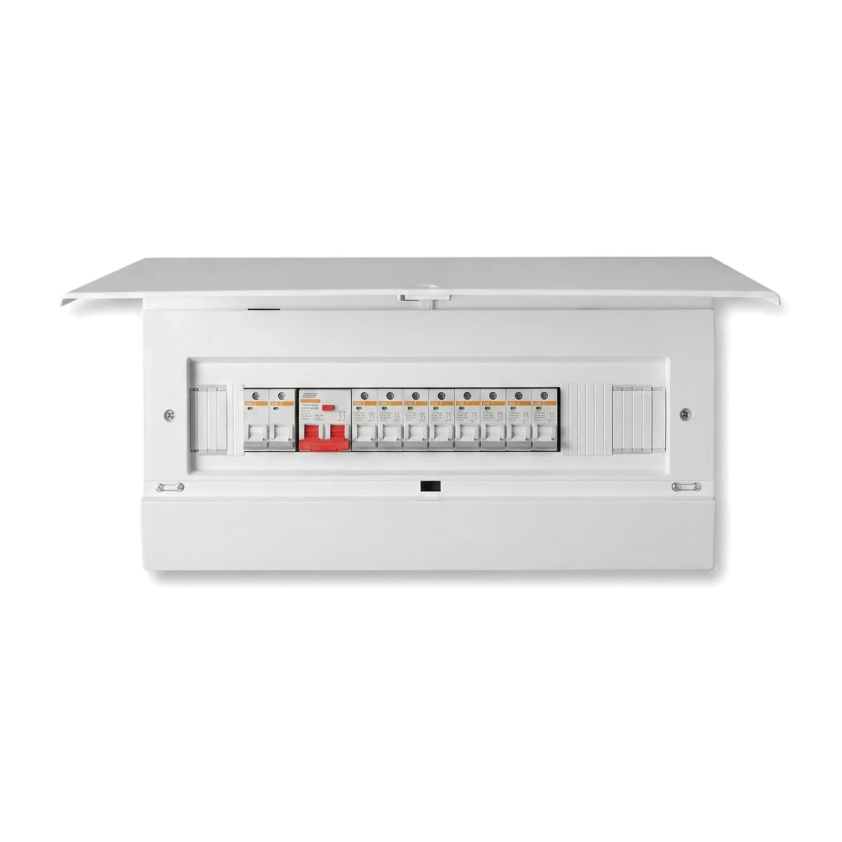 Front view of a white 18-way surface-mounted electrical distribution board, pre-populated with circuit breakers, on a clean