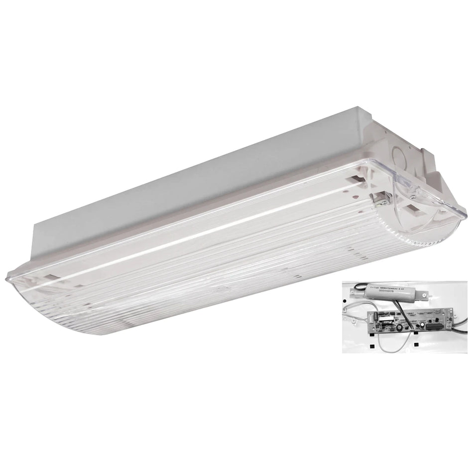 White 18W Emergency Ceiling Light, rectangular with clear ribbed cover, detailed internal battery and circuit board.