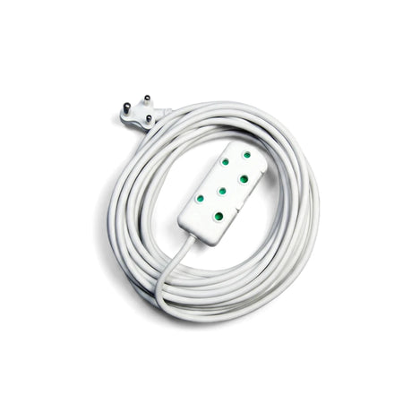 White 1mmx10M extension cord with a three-pin plug and multi-socket power strip, neatly coiled on a white background.