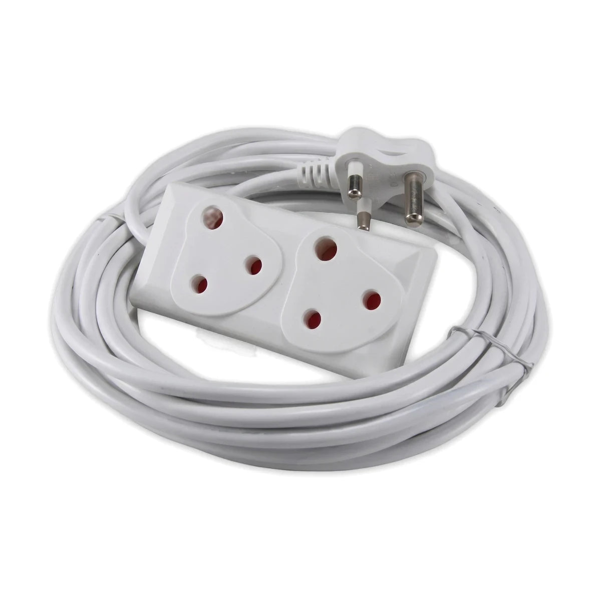 White 1mmx5M extension cord coiled with a two-way multi-socket outlet and a 3-pin plug for power distribution.