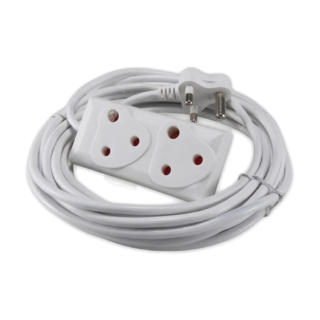 White 1mmx5M extension cord coiled with a two-way multi-socket outlet and a 3-pin plug for power distribution.