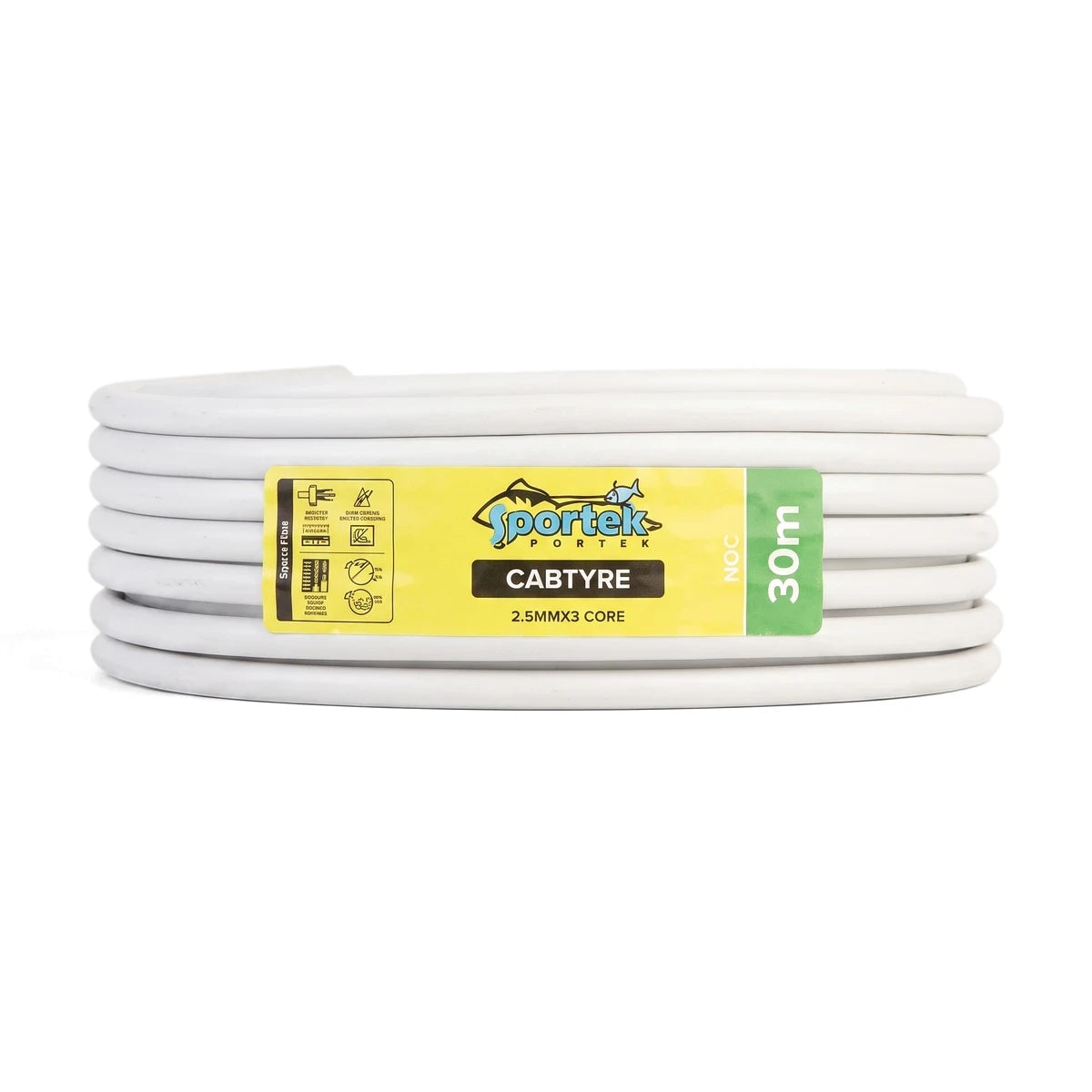 White 2.5 X 3 Core Cabtyre 30M electrical wire, coiled and displayed horizontally, suitable for various electrical