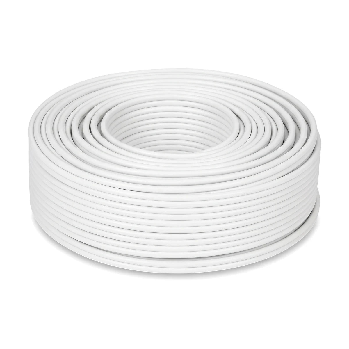 White 2.5mm flat twin and earth 50M electrical wire and cable, neatly coiled and ready for use.