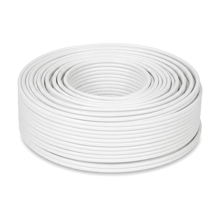 White 2.5mm flat twin and earth 50M electrical wire and cable, neatly coiled and ready for use.