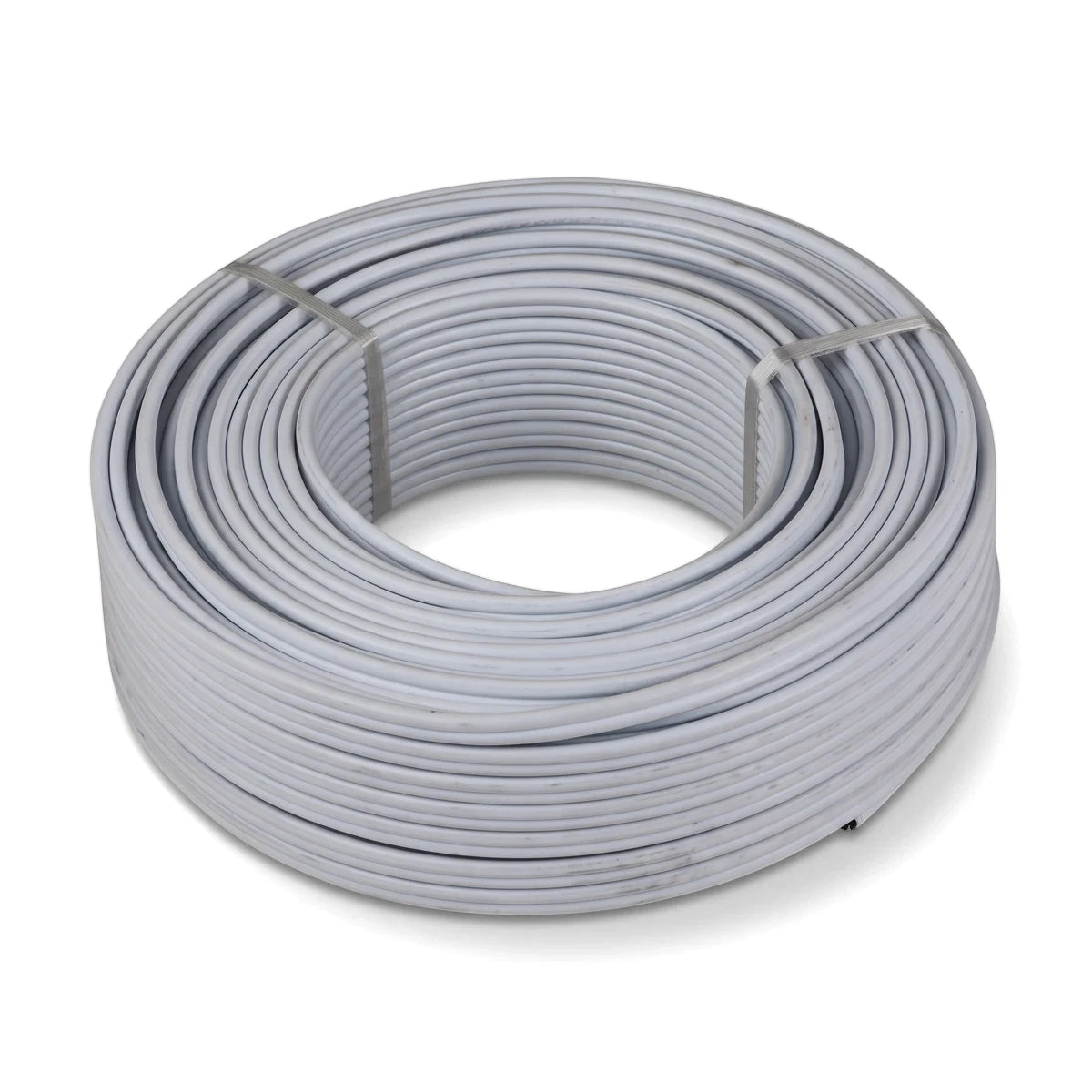 White 2.5mm flat twin and earth electrical wire coil, 10 meters, neatly bundled for storage.