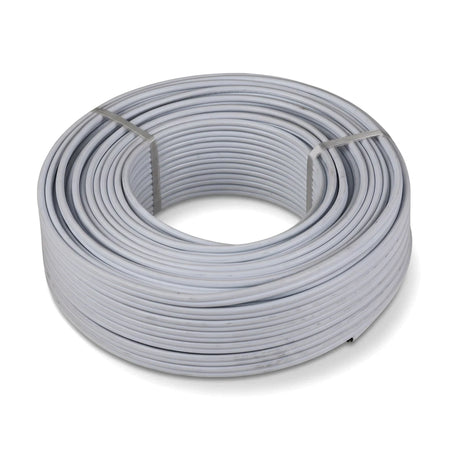 White 2.5mm flat twin and earth electrical wire coil, 10 meters, neatly bundled for storage.