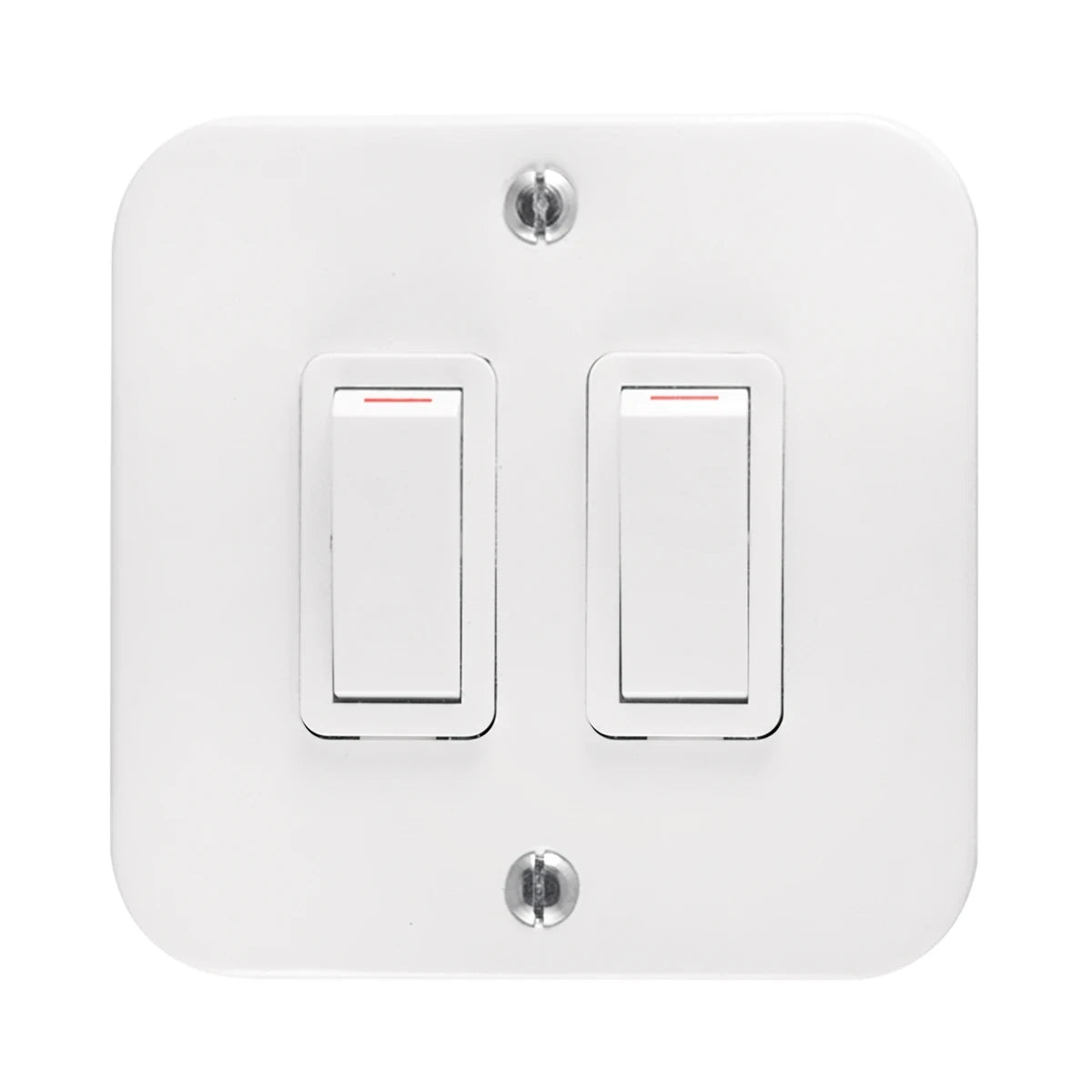 White 2-lever 1-way light switch with a square plate and two toggle switches, suitable for residential or commercial use.