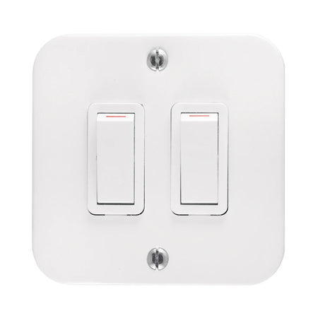 White 2-lever 1-way light switch with a square plate and two toggle switches, suitable for residential or commercial use.