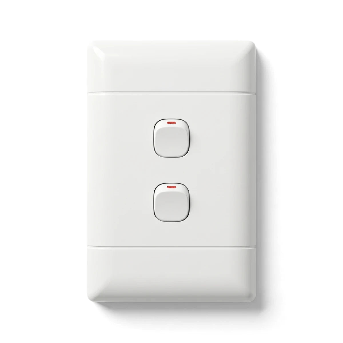 White 2-lever electrical light switch, featuring a rectangular faceplate and two illuminated push-button style levers for
