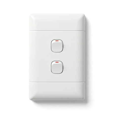 White 2-lever electrical light switch, featuring a rectangular faceplate and two illuminated push-button style levers for