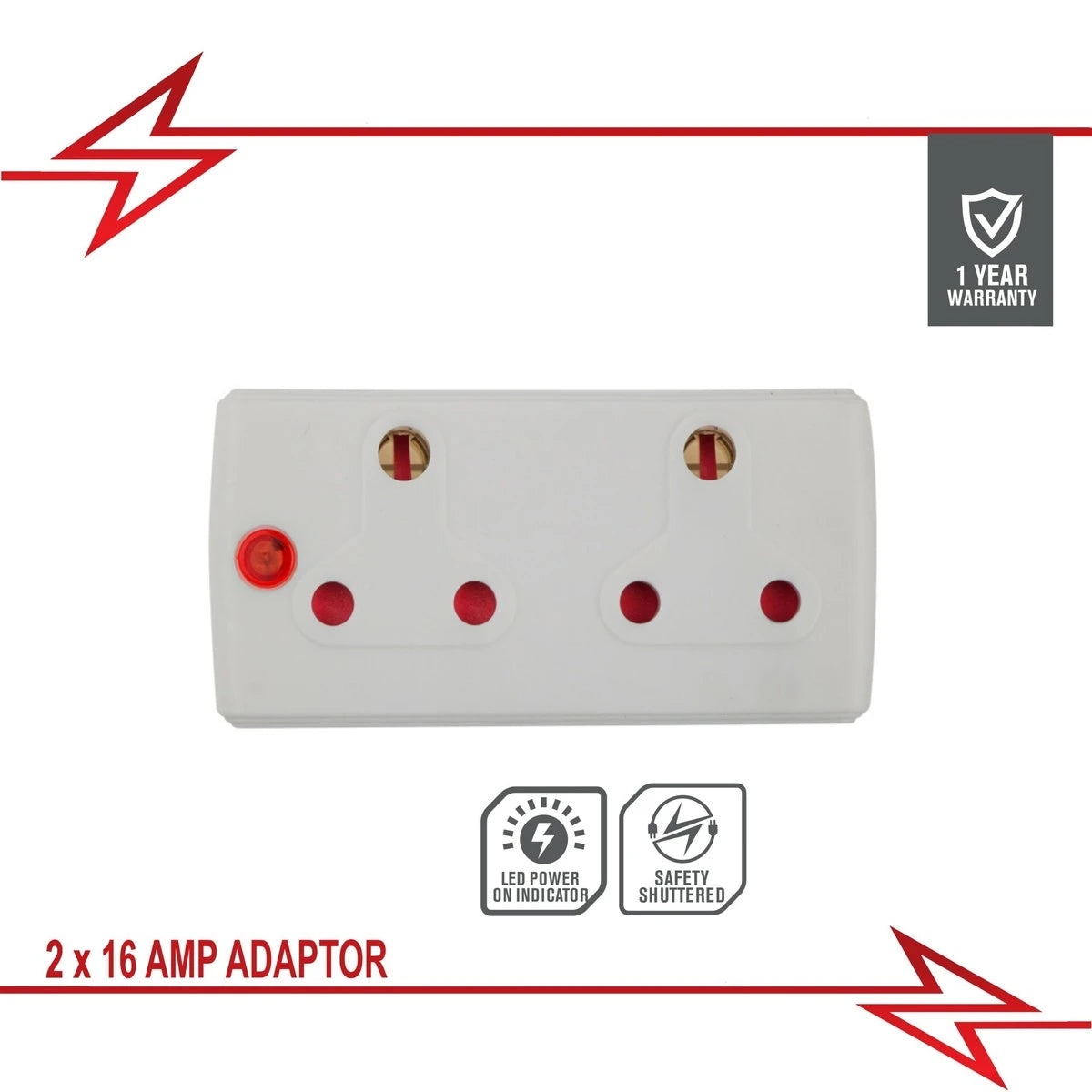 White 2-way 16 amp plug adapter from the Core Series, featuring dual sockets and an LED power indicator.