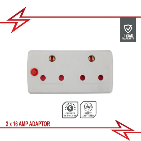 White 2-way 16 amp plug adapter from the Core Series, featuring dual sockets and an LED power indicator.
