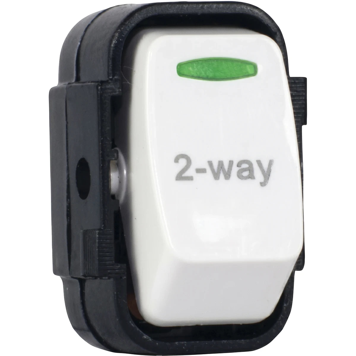 White 2-way switch insert with black housing and green indicator light for electrical applications