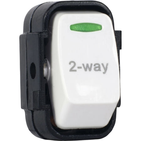 White 2-way switch insert with black housing and green indicator light for electrical applications