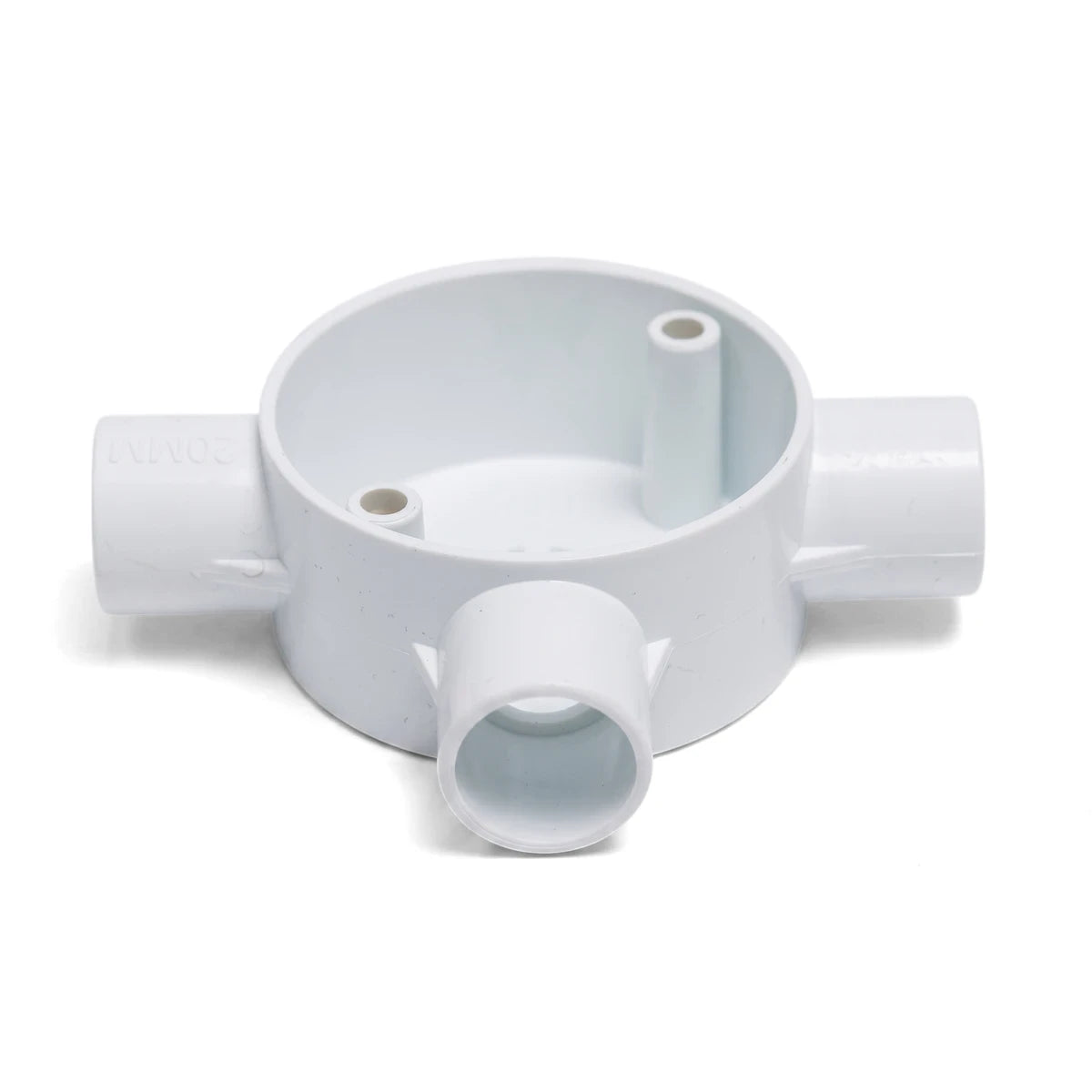 White 20mm 3-way PVC conduit box for electrical wiring, featuring three connection points and two screw holes, viewed from