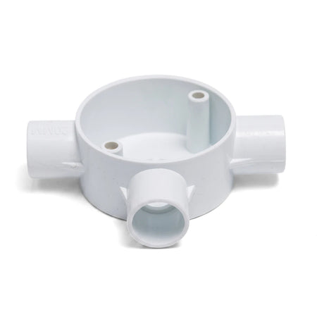 White 20mm 3-way PVC conduit box for electrical wiring, featuring three connection points and two screw holes, viewed from