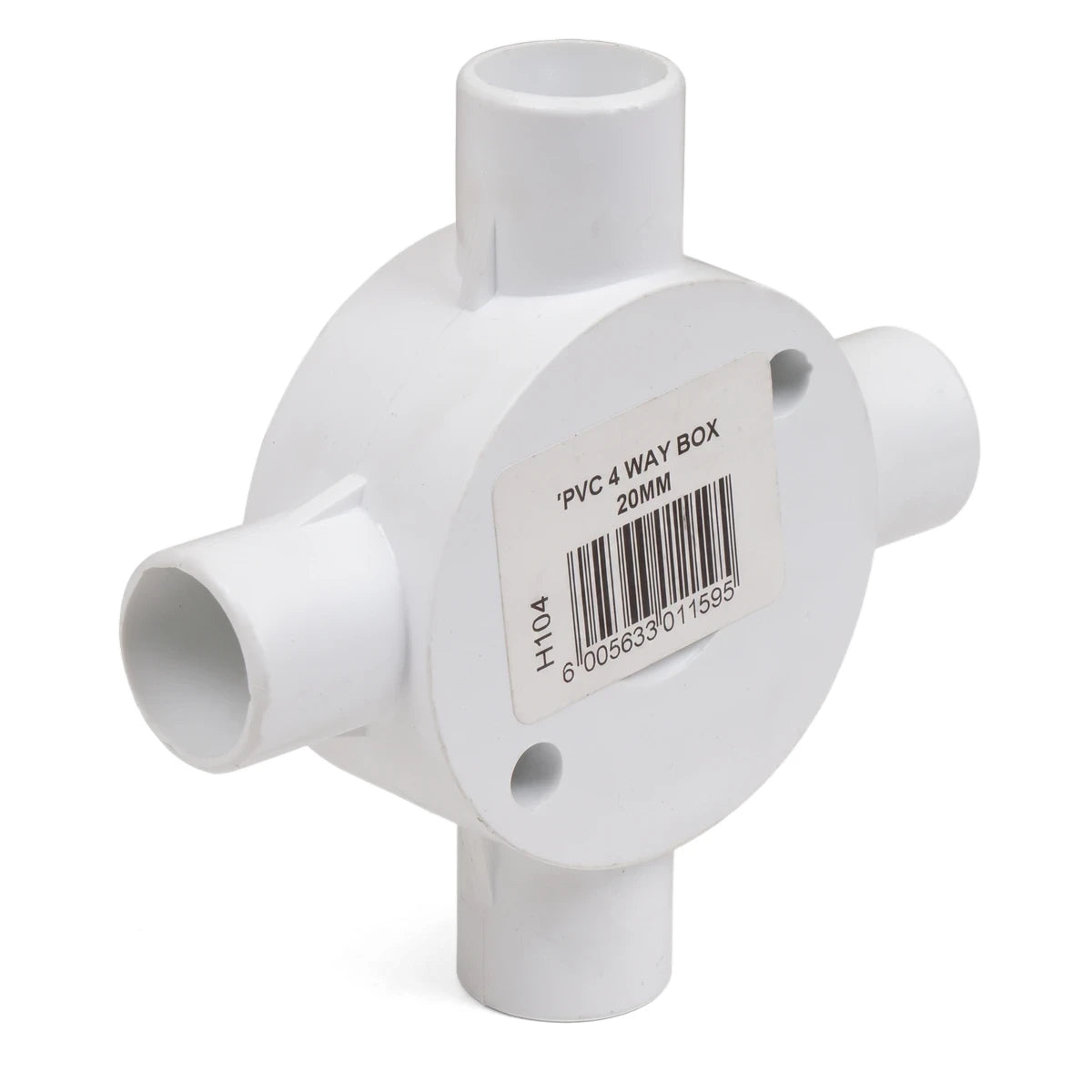 White 20mm 4-way PVC conduit box for electrical wiring shown at an angle with a product label.