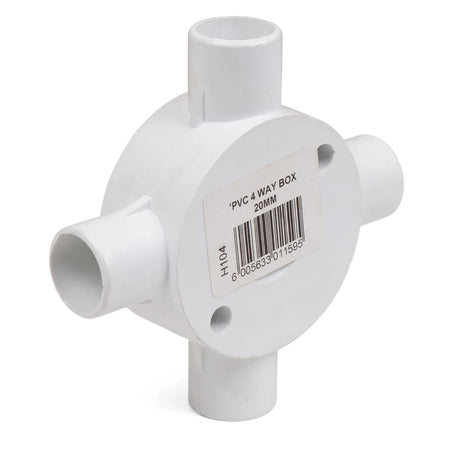 White 20mm 4-way PVC conduit box for electrical wiring shown at an angle with a product label.