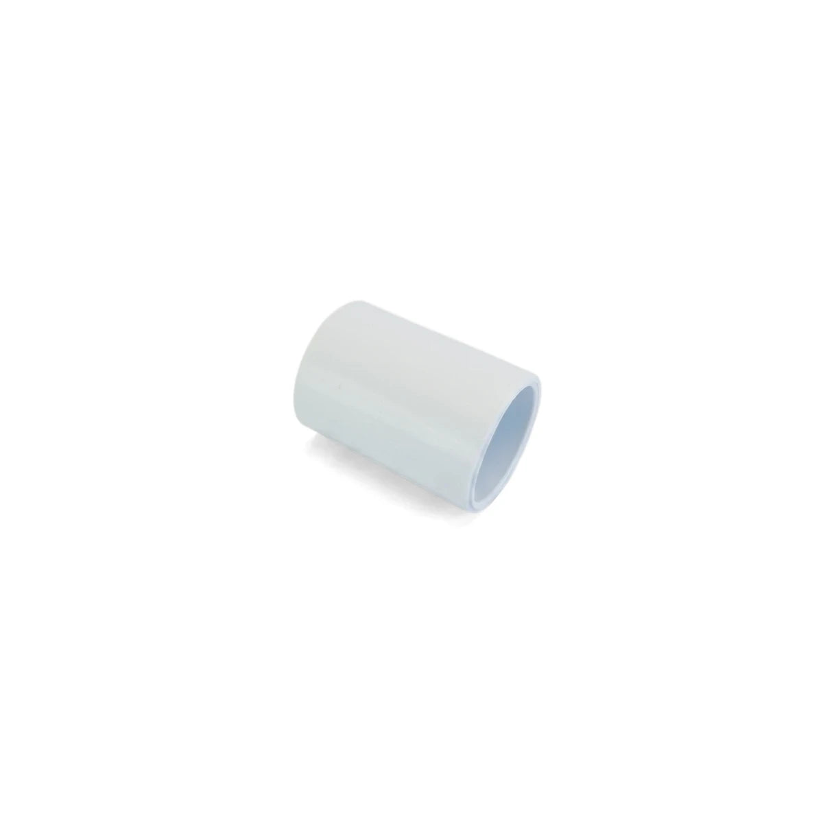 White 20mm pipe coupling, a cylindrical connector for plumbing, presented from an angled view.