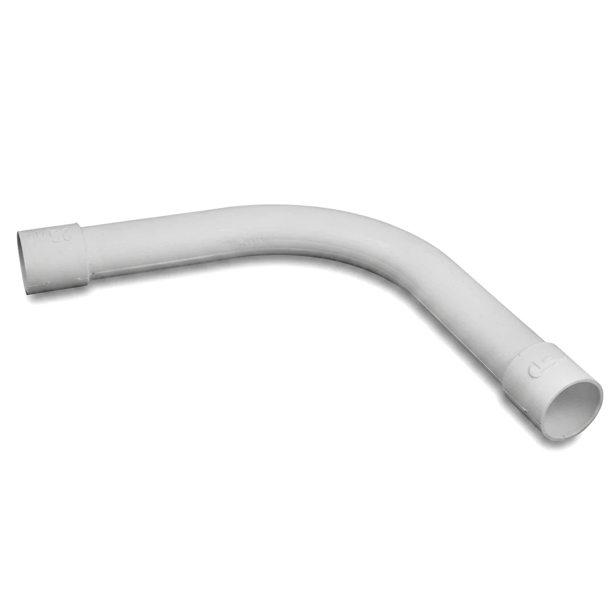 White 20mm PVC bend conduit for electrical installations, featuring a smooth, curved design for cable routing.