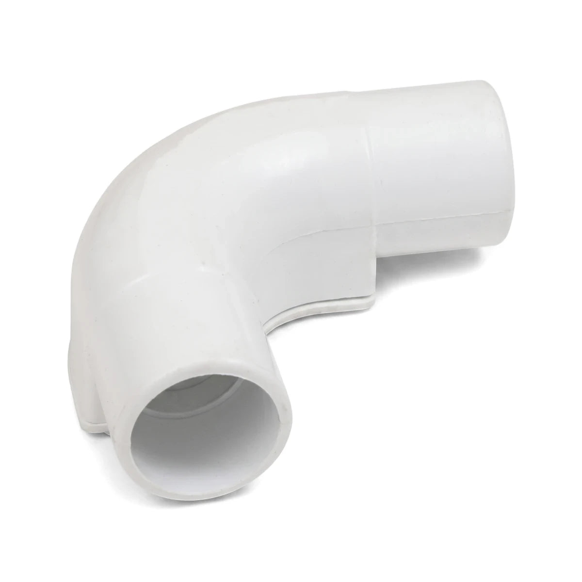 White 20mm PVC inspection elbow, a durable pipe fitting used for bending plumbing lines, shown from a three-quarter view.