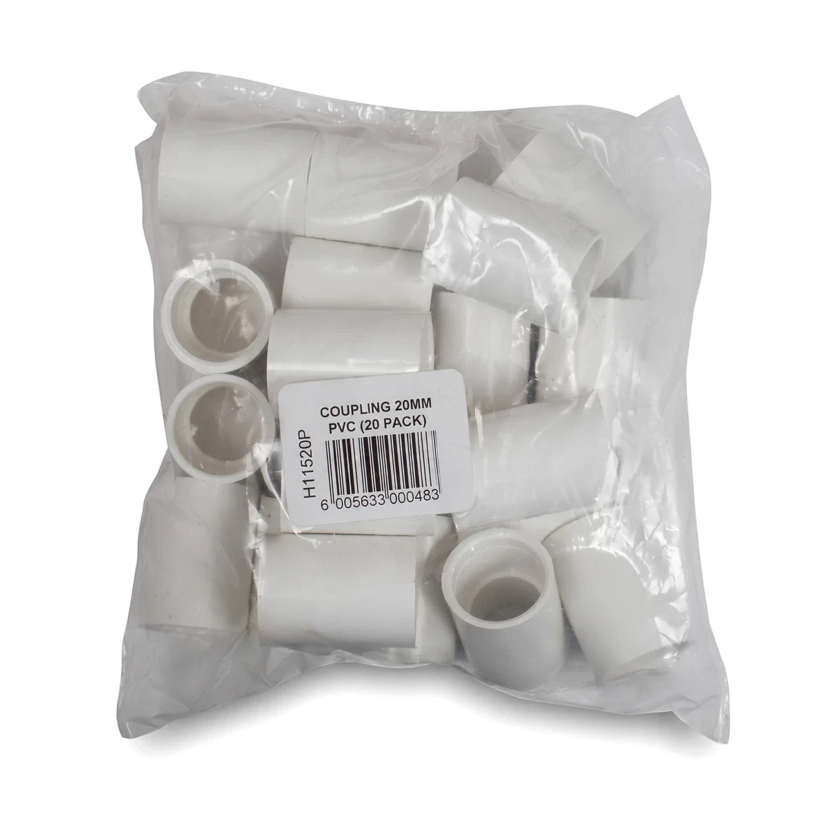 White 20mm PVC pipe couplings, sold in a 20-pack inside a clear plastic bag with product label and barcode.