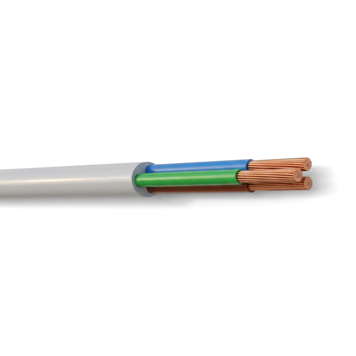 Close-up of a white 2.5 x 3 core cabtyre electrical cable showing blue, green, and brown insulated copper wires.
