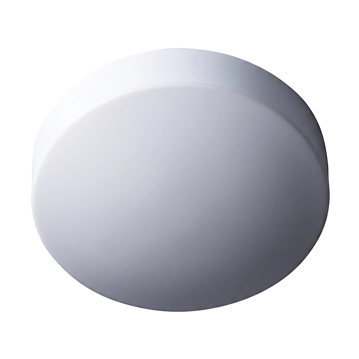 A white 250mm poly circular LED ceiling light fitting with a bay lock and IP20 rating, viewed slightly from below on a plain