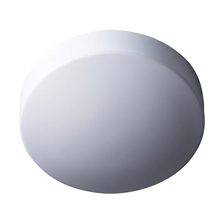 A white 250mm poly circular LED ceiling light fitting with a bay lock and IP20 rating, viewed slightly from below on a plain