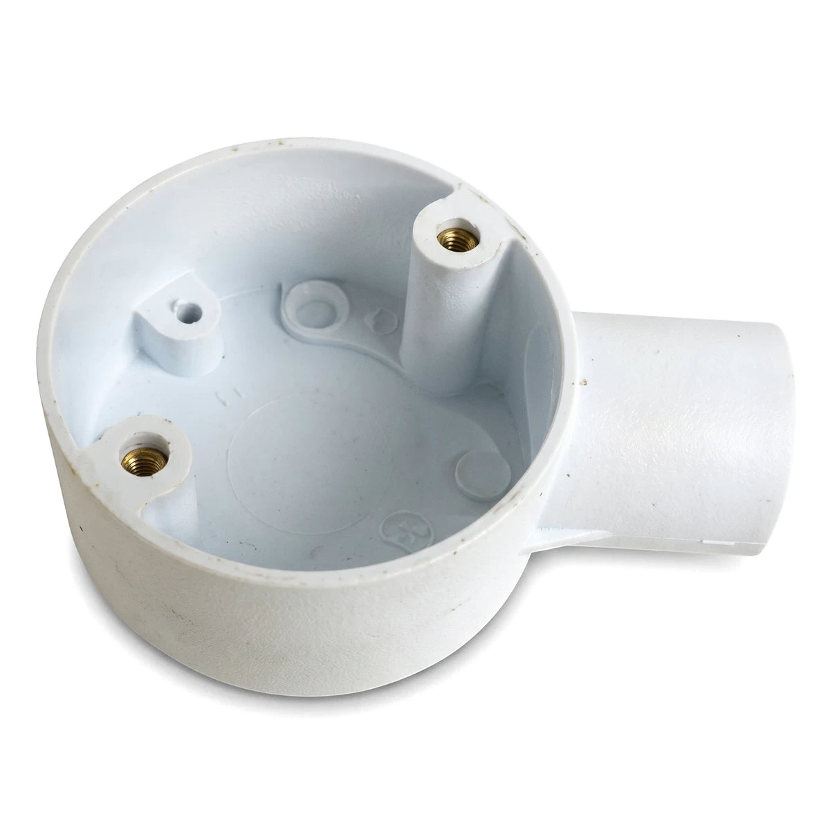 White 25mm 1-way electrical conduit box made from durable plastic, viewed from an angled perspective showing the interior